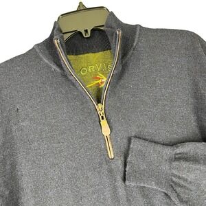 Orvis Quarter Zip Sweater Merino Wool Pullover Navy Ribbed Trim Mock Neck L Mens